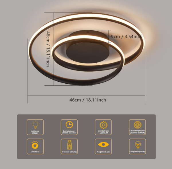 Sky angle LED Wohnzimmerlampe, 42W Schwarz Dimmbar Deckenleuchte mit Fernbedienung, 5200 Lumen Runde Modern Deckenlampe für Wohnzimmer, Schlafzimmer, Büro, Esszimmer