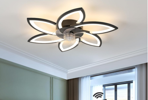 Pheashine XH-OSFS-24V-TM Deckenventilator mit Licht, Gleichstrommotor, Deckenventilator-Licht mit dimmbarer LED-Fernbedienung, leiser umkehrbarer LED-Deckenventilator-Kronleuchter für Wohnzimmer, Schlafzimmer, Schwarz