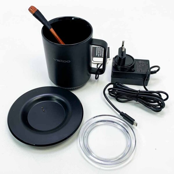 VSITOO S3 Temperaturregelung Smart Mug mit Deckel, Kaffeebecher Wärmer mit Tasse für Schreibtisch Home Office, App gesteuerte beheizte Kaffeetasse, selbstheizende Kaffeetasse, 325ml schwarze Innenwand
