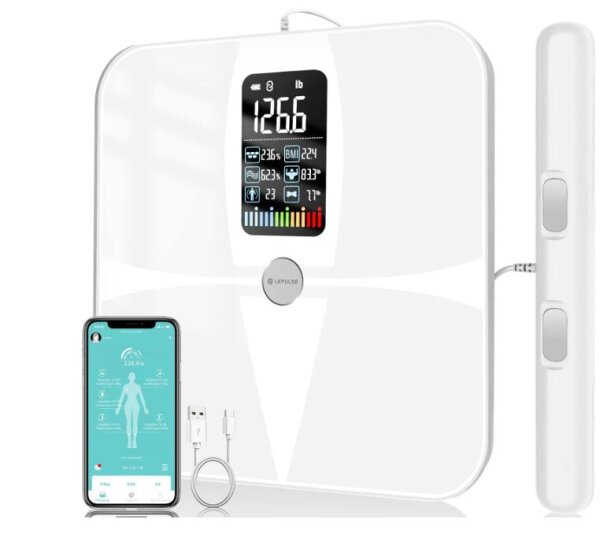 Body fat scale with hand sensors Lescale P1, Lepulse body analysis scale with app, scale with body fat and muscle mass, personal scale with body fat analysis for 24 users, 19 measurement data