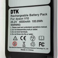 DTK replacement battery for Dyson V10, 25.2V, 4000mAh, 100.8Wh, gray