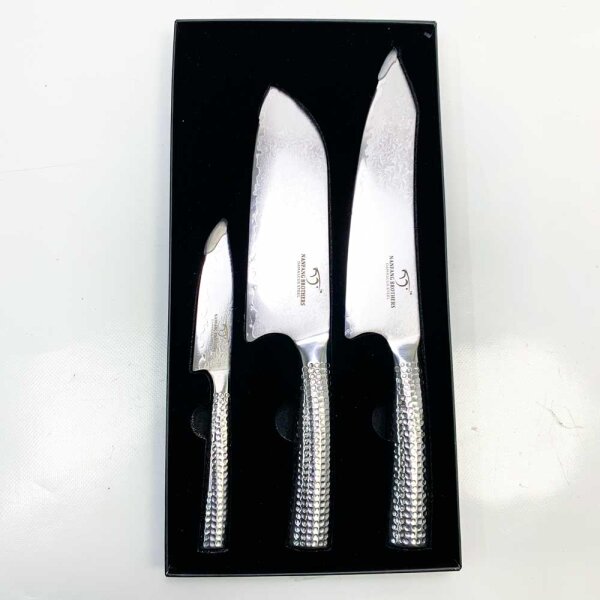 NANFANG BROTHERS Damaskus Küchenmesser Set, Messerse mit Kochmesser, Santoku Messer und Schälmesser, Professionelles Edelstahl Messerset, Damaststahl Messer Set mit Gehämmerten Griffen 3-teilig