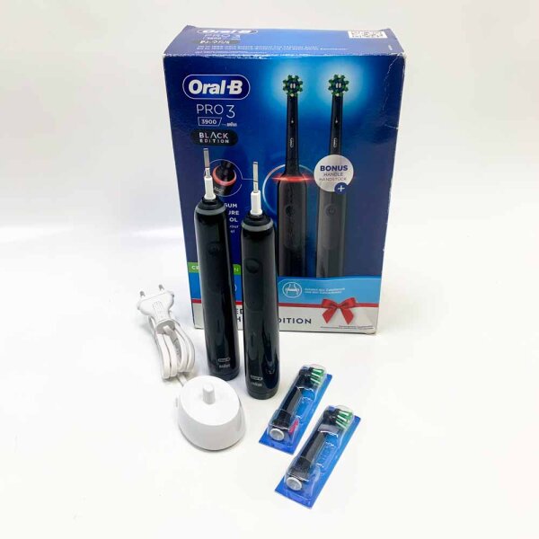 Oral-B Pro 3 Elektrische Zahnbürste, 2 Zahnbürsten, Drucksensor, ideal für empfindliche Zähne, 2 Köpfe, Lithium-Batterie, Geschenkidee, Schwarz