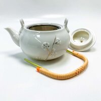 Duhl Japanese tea service, white porcelain tea service with 1 teapot, 6 tea cups, 1 tray, 1 tea egg, sweet Asian tea service for tea lovers (plum in gold)