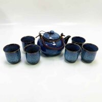 DUJUST Japanisches Porzellan-Teeservice mit 1 Keramik-Teekanne, 6 Teetassen und 1 Teetablett, Dunkelblau