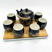 Dujust Japanisches Teeservice, Schwarzes Porzellan Teeservice mit 1 Teekanne, 6 Teetassen, 1 Teetablett, 1 Siebeinsatz, Schönes Asiatische Teekanne Set mit Tasse für Teeliebhaber (Landschaft in Gold)