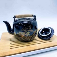 Duef Japanese tea service, black porcelain tea service with 1 teapot, 6 tea cups, 1 tea tray, 1 sieve insert, beautiful Asian teapot set with cup for tea lovers (landscape in gold)