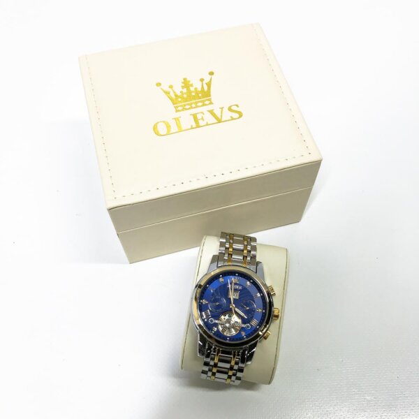 Olevs G9910, mens watches automatic skeleton mechanical blue dress wristwatch with diamond tourbillon day date waterproof shining two -color clock