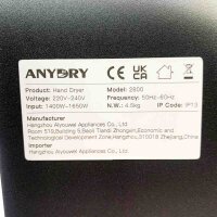 Anydry 2800 Automatischer elektrischer Händetrockner mit Fotozelle, professioneller Wand-Luft-Händetrockner, widerstandsfähiges Edelstahlgehäuse. 1650W. (Schwarz)