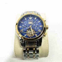 Olevs mens watch automatic skeleton mechanical blue dress wristwatch with diamond tourbillon day date waterproof bright two -colored watch