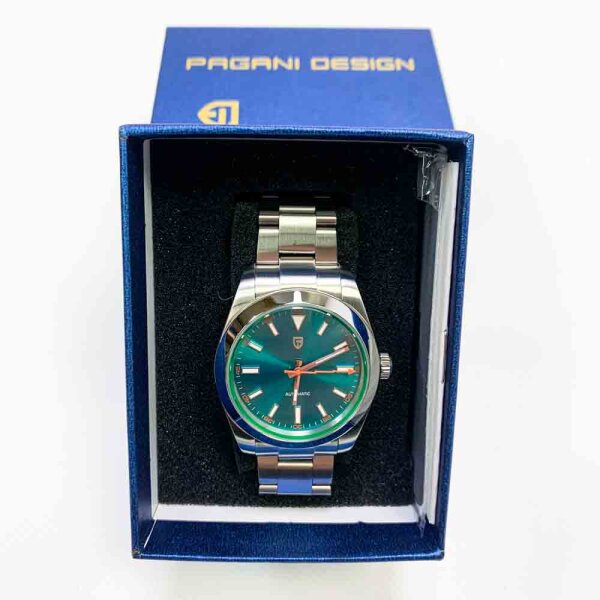 Pagani Design 1733 Mens automatic clocks, NH35A clockwork, green glass, flash pointer, stainless steel band, waterproof, mens fashion, casual, self-stem watch, blue, bracelet