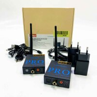 1MII RT5066PRO Wireless Audio Sender Recipient, 2.4GHz audio radio transmission kit, low latency, hi-fi music for TV/PC to active subwoofer/loudspeaker/CD player/stereo, optical/coaxial/3.5-mm/cinch connection