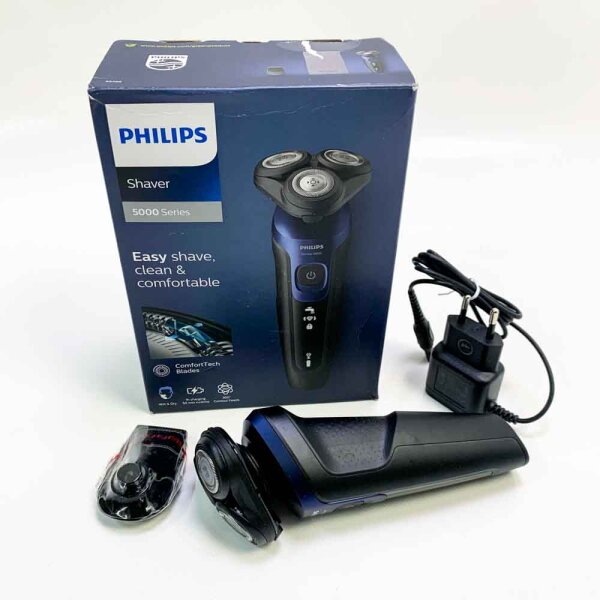 Philips Elektrorasierer der Serie 5000 – Wet & Dry Herren-Elektrorasierer in Metallic-Blau mit Präzisionstrimmer und weichem Reiseetui (Modell S5465/18)