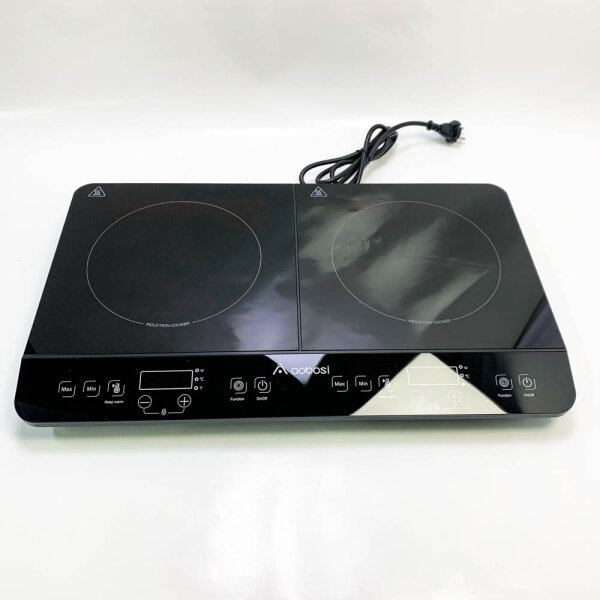 Aobosi induction hob, induction hob 2 plates with crystal glass plate, sensor touch independent control, 10 temperature levels, 4-hour timer function, 3500W, safety lock, made of stainless steel