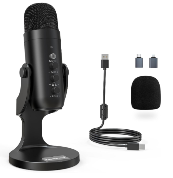 zealsound USB Mikrofon, Kondensator Mikrofon für PC Handy, PS4, PS5, Microphone PC USB C für Gaming, Podcast,Aufnahmen,Streaming,ASMR mit Stumm/Gain/Echo, Adapter für Phone,Kompatibel mit Mac, Winows