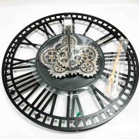 Toktek Wandwahr Large 60cm with movable gear, vintage retro industrial metal wall clock Roman numbers for room at home kitchen bedroom office school (retro-black)