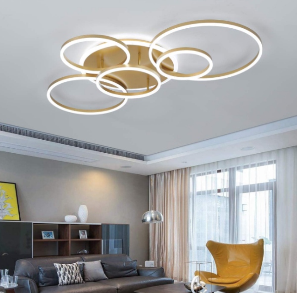 Dimmable LED Ceiling Light with Remote Control Ceiling Lamp Chandelier with Timer and Night Light Function 6 Gold Ring Ceiling Light 3000K-6000K for Living Room Kids Room Bedroom Kitchen