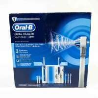 Oral-B Pro 2000 Elektrische Zahnbürste mit OxyJet Munddusche, 3 Aufsteckbürsten, 4 Ersatzdüsen, Set für Zahnreinigung und Zahnpflege, Geschenk Mann/Frau, Designed by Braun, weiß/blau (1erPack)