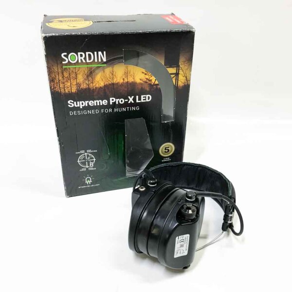 Sordin Supreme Pro-X LED Gehörschutz - aktiver Jagd-Gehörschützer - EN 352 - Gel-Kissen, Leder-Band & schwarze Kapsel