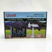 Uzoli Professionelle Wetterstation WLAN mit Regenmesser und Windmesser Farbdisplay Wettervorhersage Innen/Außentemperatur Feuchtigkeit Luftdruck Mondphase UV Solarsensor 7 in 1 Außensensor - FT0310