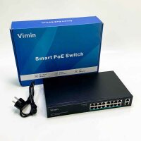 VIMIN VM-GS1620P 16-Port Gigabit PoE Switch mit 2 Uplink Gigabit Ports, 18-Port Unmanaged Ethernet PoE Switch mit 250W Leistung, Unterstützung von IEEE802.3af/at, VLAN, Wand- oder Rackmontage, Plug & Play
