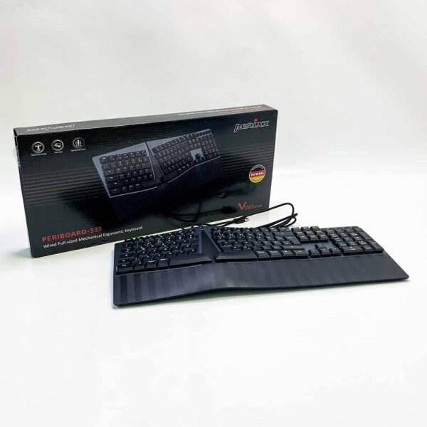 Perixx PERIBOARD-535 Kabelgebundene ergonomische mechanische Tastatur (QWERTZ) – Flache Tasten mit braunen Schaltern – Programmierbare Funktionen