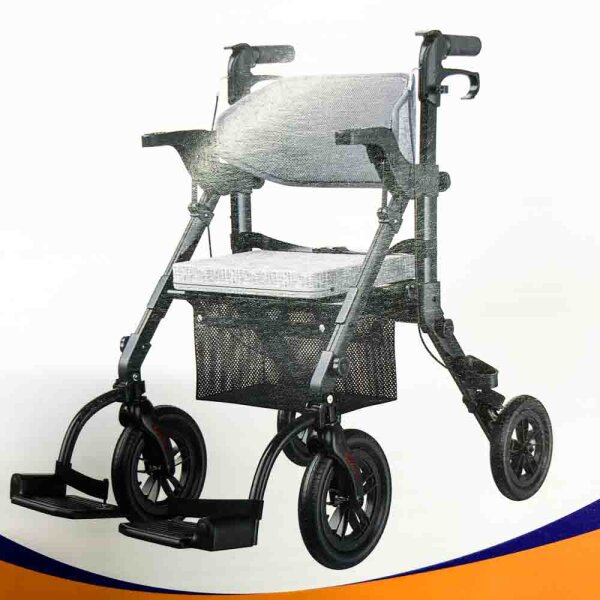 VOCIC 2 in 1 Rollstuhl Rollator Faltbar und Leicht mit Sitz,Outdoor Gummireifen für Allen Gelände,Leichtgewicht Rollatoren mit Netztasche,Aluminium Gehhilfer Transport-Stuhl,Schwarz