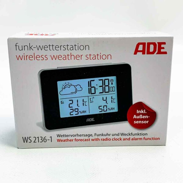 ADE WS 2136-1 Digitale Wetterstation Funk mit Außensensor | Innen und Außentemperatur | Luftfeuchtigkeitsmesser | animierte Wettervorhersage | Funkwecker mit Schlummerfunktion | schwarz