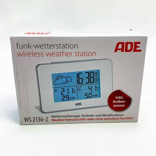 ADE WS-2136-2 Digitale Wetterstation Funk mit Außensensor | Innen und Außentemperatur | Luftfeuchtigkeitsmesser | animierte Wettervorhersage | Funkwecker mit Schlummerfunktion | weiß