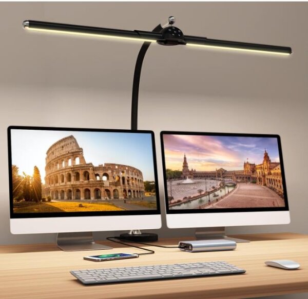 Megainvo Double Head Desk Lamp LED Dimmable, 24W 65CM Eye Protection Daylight Lamp Desk Clampable Gooseneck Monitor Lamp Office Table Lamp PC Desk Lamp for Home Office Study