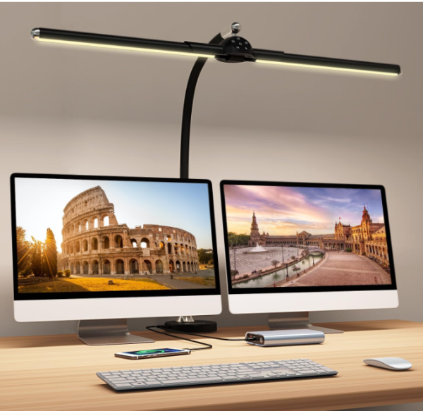 Megainvo Doppelkopf Schreibtischlampe LED Dimmbar, 24W 65CM Augenschutz Tageslichtlampe Schreibtisch Klemmbar Schwanenhals Monitor Lampe Büro Tischlampe PC Desk Lamp für Homeoffice Arbeitszimmer