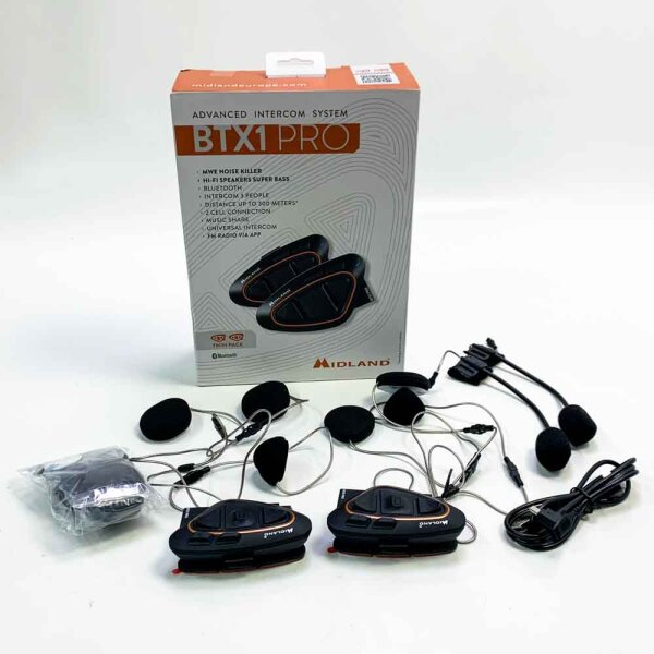 Midland BTX1 Pro Twin C1230.16, Bluetooth communication system for motorcyclists, IPX6 waterproof helmet headset, noise cancellation, motorcycle to motorcycle, 23h battery, 800 m, FM radio via app
