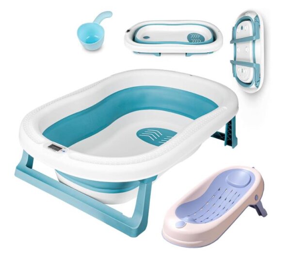 Large Foldable Baby Bathtub 55L with Pillow Ball Flushing Skull for Babies Foldable Bathtub for 0-6 Years Blue with Bath Seat Thermometer