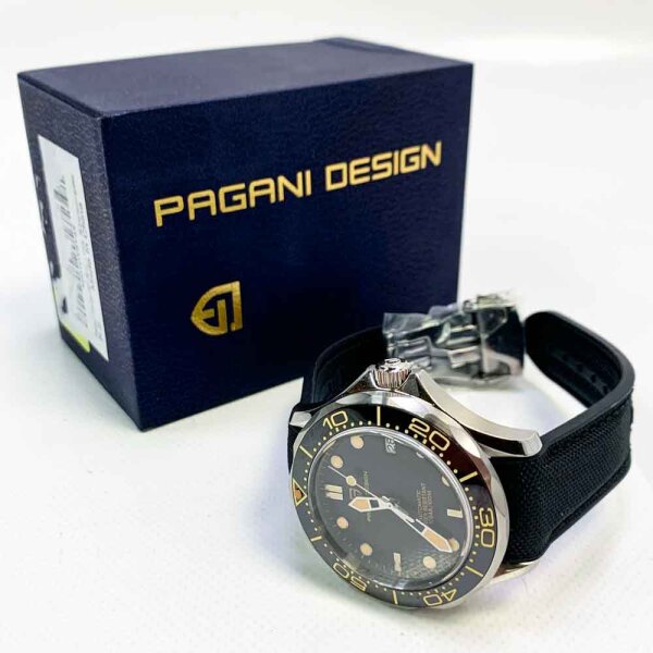 Pagani PD-1667 Design 007-Modell, automatische Herrenuhr, NH35, drehbares Uhrwerk, Keramiklünette, Edelstahl, wasserdichte Armbanduhr mit Automatikaufzug, schwarzes Nylon-Gummi