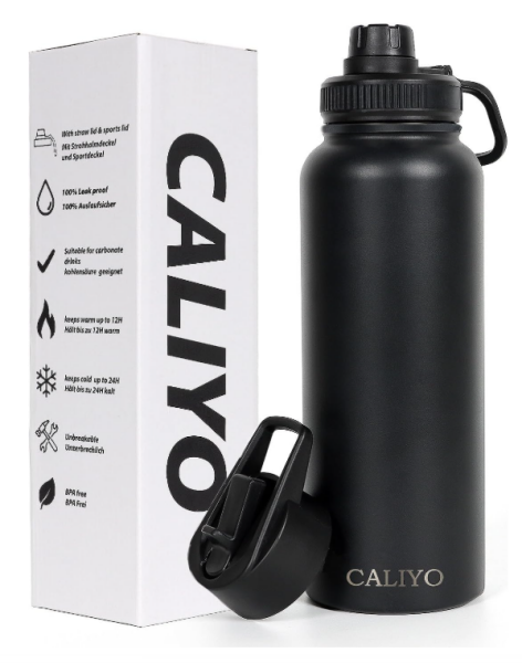 CALIYO Edelstahl-Wasserflasche, Thermoskanne mit hoher Kapazität, Direkttrinktyp + Trinkhalmtyp, Edelstahl-Thermosflasche, für 6–12 Stunden, thermisch, 1150 ml