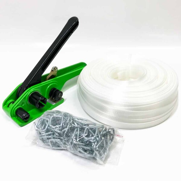 Strapping Tool Kit - 19mm x 100m Woven Cord Tape, 1000kg Breaking Strength, Strapping Tensioner, 50 Reusable Buckles
