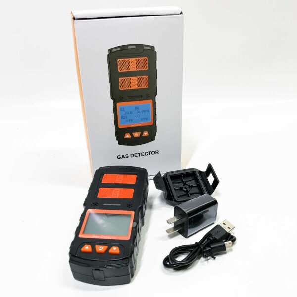 CHNADKS Portable Gas Detector, Rechargeable 4 Gas Monitor EX H2S CO O2 with Digital LCD Display, Sound Light Vibration Alarm, Personal 4 in 1 Gas Detector, Gas Tester Analyzer
