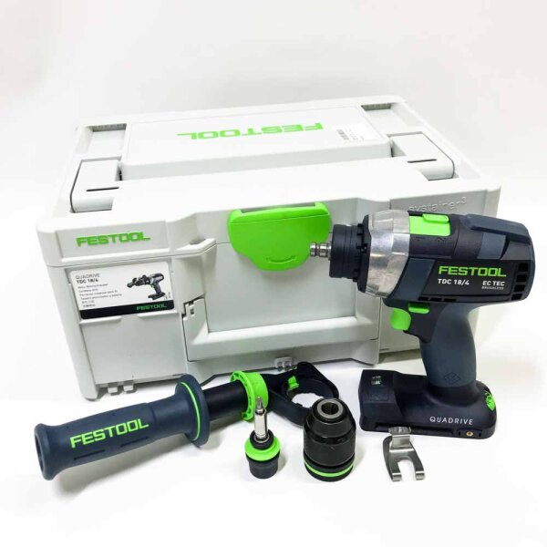 Festool Akku-Bohrschrauber TDC 18/4 I-Basic QUADRIVE (mit Werkzeugfutter, Magnet-Bithalter, FastFix Schnellspannbohrfutter, Zusatzhandgriff, Bit, Gürtelclip), im Systainer