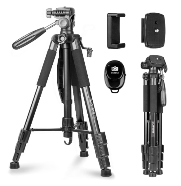 Sunfoto ‎ST60-Tripod, Kamera Stativ 160cm Leichtes Fotostativ mit 2 Schnellwechselplatte, Tragetasche, Handyhalterung für Smartphone DSLR SLR Canon Nikon Sony Olympus - schwarz