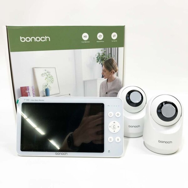 bonoch 7 inch baby monitor with 2 cameras, 720p video baby monitor hone WiFi, 6000mAh battery 23hrs, night vision, double-sided audio function, remote PTZ, VOX mode, temperature sensor, 8 lullabies