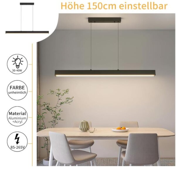 Mikeru 100CM Pendant Light Dining Table, Modern Linear Dining Pendant Light LED with 10%-100% Dimmable Dining Room Lights Ceiling 3000K/4500K/6500K 3 Colors for Dining Room, Living Room