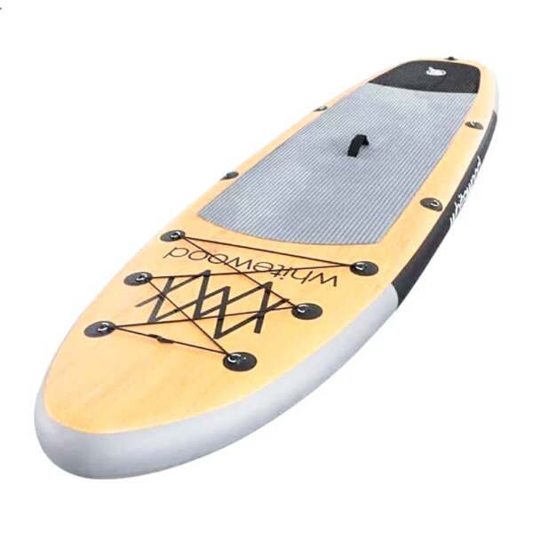 Whitewood Premium SUP aufblasbares Paddle-Surfbrett 11 335 cm Holzdesign mit Zubehör – Rucksack, Paddel, Inflator, Leine – aufblasbares iSUP, aufblasbares Stand-Up-Paddle-Board – 180 kg
