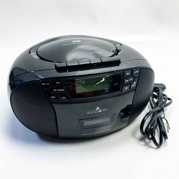 SCHWAIGER 658026 CD-Player mit Kassette und Radio MP3 USB Anschluss FM Radio AUX Kopfhörer Boombox Netz- und Batteriebetrieb Display tragbar schwarz
