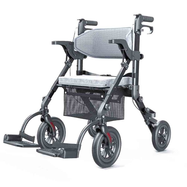 VOCIC 2-in-1 Wheelchair Rollator Foldable and Lightweight with Seat, Outdoor Rubber Tires for Any Terrain, Lightweight Rollators with Mesh Bag, Aluminum Walking Aid Transport Chair, Obsidian Black