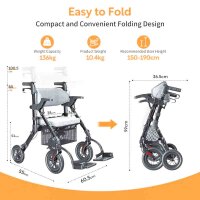 VOCIC 2-in-1 Wheelchair Rollator Foldable and Lightweight with Seat, Outdoor Rubber Tires for Any Terrain, Lightweight Rollators with Mesh Bag, Aluminum Walking Aid Transport Chair, Obsidian Black