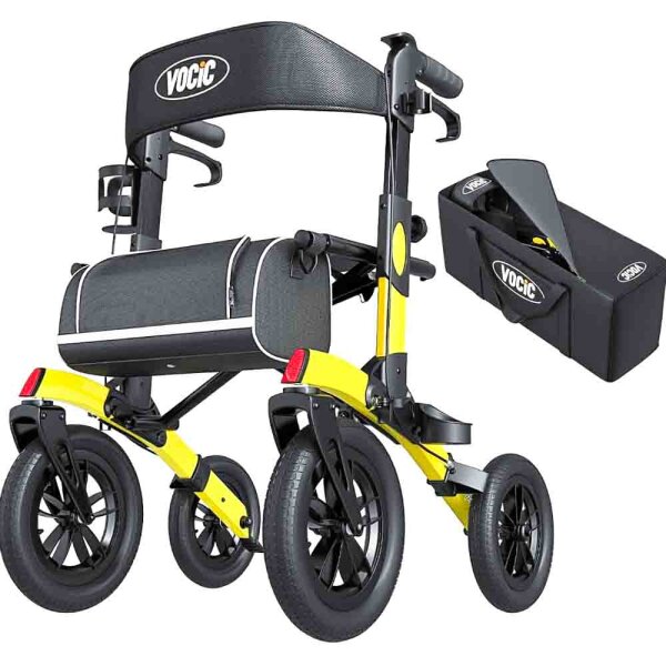 VOCIC Rollator Faltbar und Leicht mit Sitz,Outdoor Rollator mit Gummi-Nonluftbereifung für Allen Gelände,Aluminium Höhenverstellbare Rollatoren für Draußen&Langlauf&Reisen, Gelb