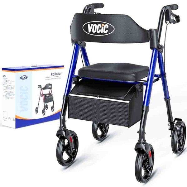 VOCIC Rollator Foldable and Lightweight with Sit, Rollators Slim for Home, Rollators for Seniors Foldable with 20cm Tires for All Terrain, Seat and Handle Height Adjustable, Sapphire Blue