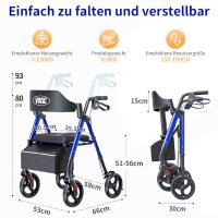VOCIC Rollator Faltbar und Leicht mit Sit,Rollatoren Schmal für Wohnung,Rollatoren für Senioren Klappbar mit 20cm Reifen für All Gelände,Sitz und Griff Höhenverstellbar, Saphirblau