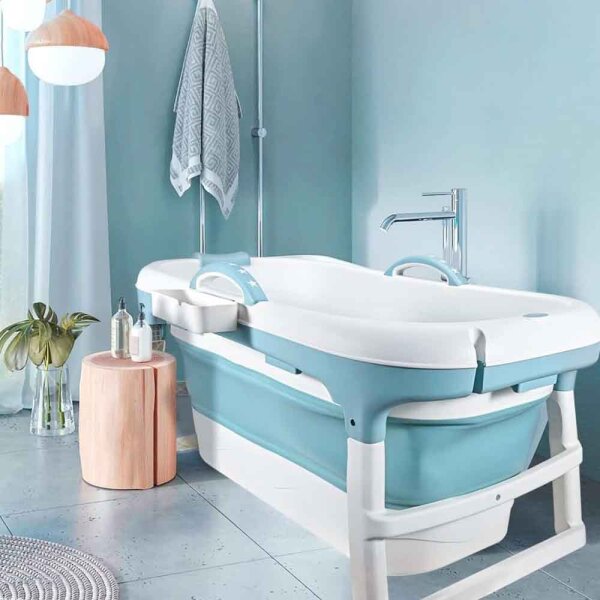 Schwänlein foldable bathtub for adults, ideal for small bathrooms, practical and portable 117 x 62 x 55 cm, blue