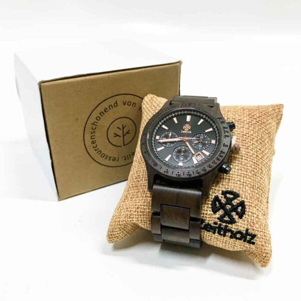 Zeitholz wooden watch men, for men, wristwatch, chronograph, New Bergen, analogue, 42mm, 100% natural wood with Japanese quartz movement.